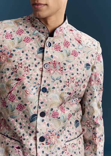 Grey Silk Kurta Jacket Set For Men With Floral Print And Sequins