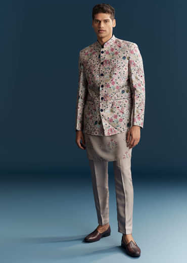 Grey Silk Kurta Jacket Set For Men With Floral Print And Sequins