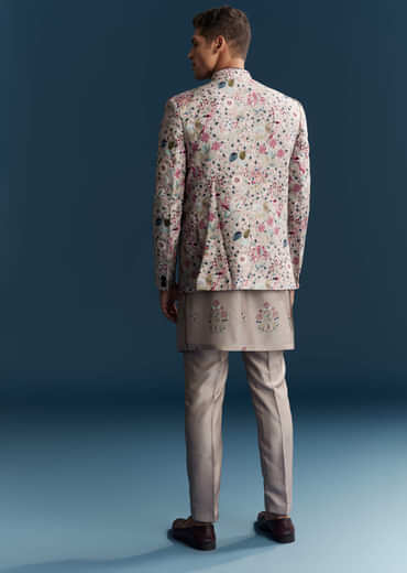 Grey Silk Kurta Jacket Set For Men With Floral Print And Sequins