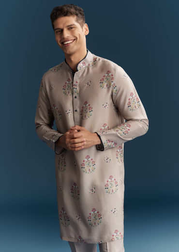 Grey Silk Kurta Jacket Set For Men With Floral Print And Sequins