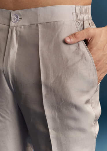 Grey Silk Kurta Jacket Set For Men With Floral Print And Sequins