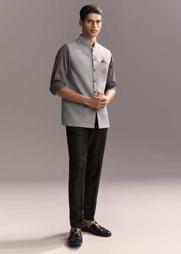 Grey Silk Kurta Jacket Set For Men With Hand Embroidery