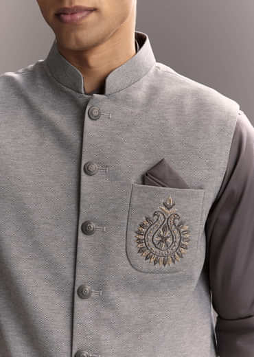Grey Silk Kurta Jacket Set For Men With Hand Embroidery