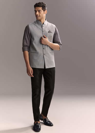 Grey Silk Kurta Jacket Set For Men With Hand Embroidery