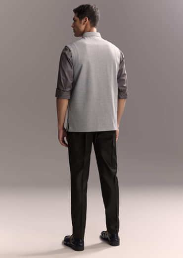 Grey Silk Kurta Jacket Set For Men With Hand Embroidery