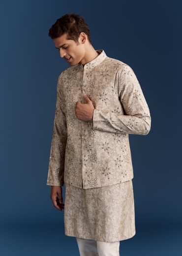 Grey Silk Kurta Jacket Set With Sequins And Moti Detailing