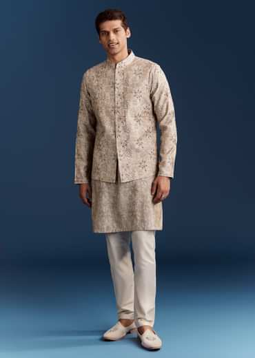 Grey Silk Kurta Jacket Set With Sequins And Moti Detailing