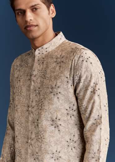 Grey Silk Kurta Jacket Set With Sequins And Moti Detailing