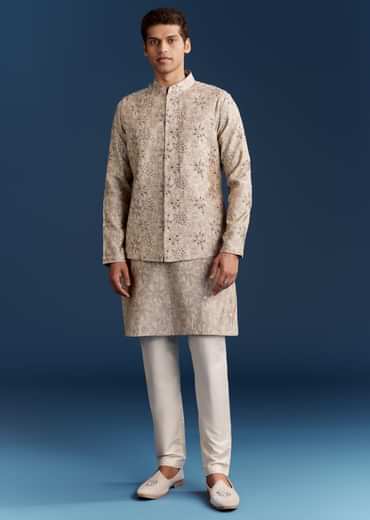 Grey Silk Kurta Jacket Set With Sequins And Moti Detailing