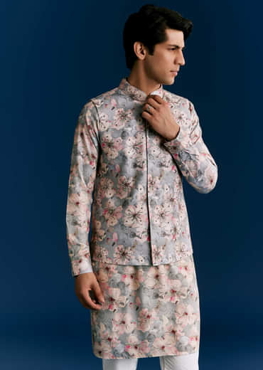 Grey Silk Kurta Jacket Set With Sequins And Thread Embroidery