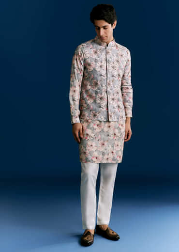 Grey Silk Kurta Jacket Set With Sequins And Thread Embroidery