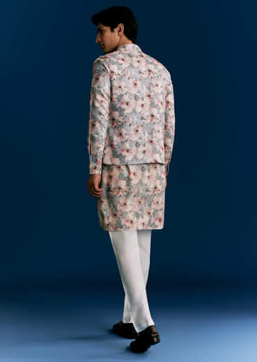 Grey Silk Kurta Jacket Set With Sequins And Thread Embroidery