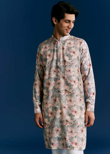 Grey Silk Kurta Jacket Set With Sequins And Thread Embroidery