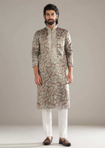 Grey Silk Kurta Set For Men With Hand Embroidery And Floral Print