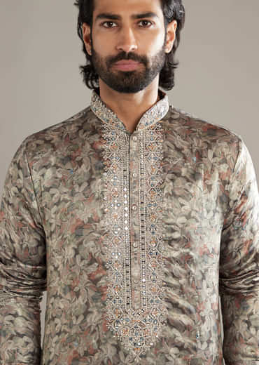 Grey Silk Kurta Set For Men With Hand Embroidery And Floral Print