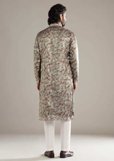 Grey Silk Kurta Set For Men With Hand Embroidery And Floral Print