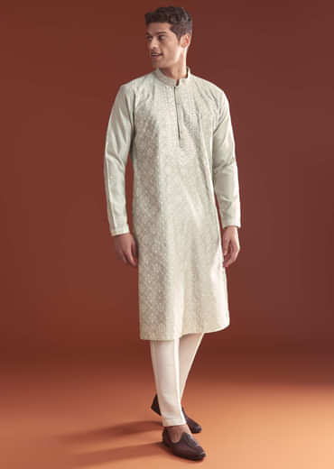 Grey Silk Kurta Set For Men With Resham Embroidery