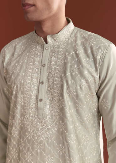Grey Silk Kurta Set For Men With Resham Embroidery