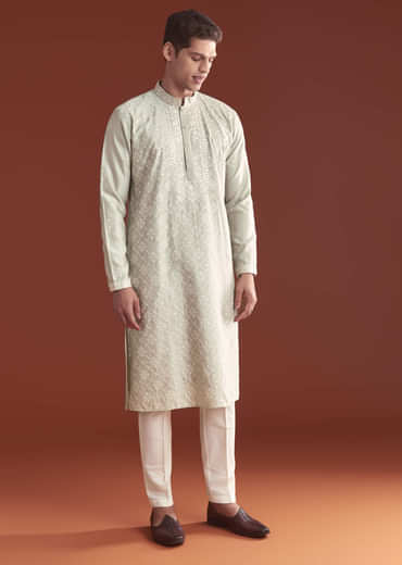 Grey Silk Kurta Set For Men With Resham Embroidery