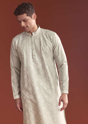 Grey Silk Kurta Set For Men With Resham Embroidery