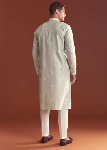 Grey Silk Kurta Set For Men With Resham Embroidery