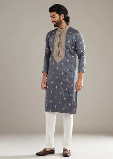Grey Silk Kurta Set For Men With Resham Hand Embroidery