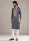 Grey Silk Kurta Set For Men With Resham Hand Embroidery