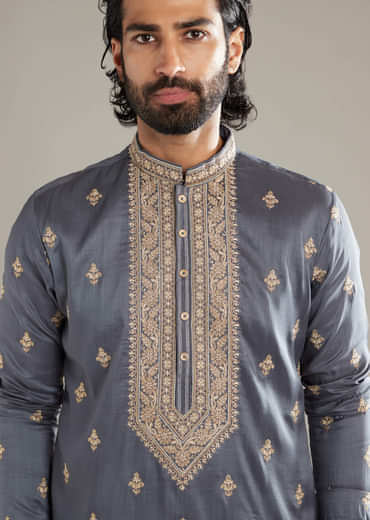 Grey Silk Kurta Set For Men With Resham Hand Embroidery