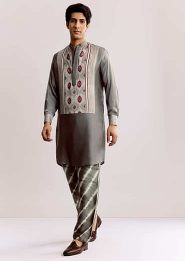 Ajrakh Printed Silk Kurta Set In Silk