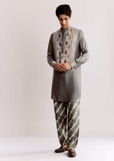 Ajrakh Printed Silk Kurta Set In Silk