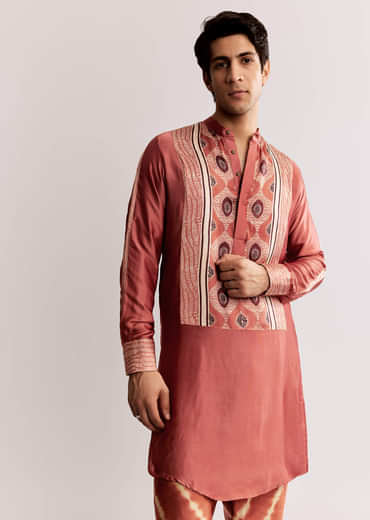 Rust Silk Kurta Set With Handcrafted Ajrakh Print