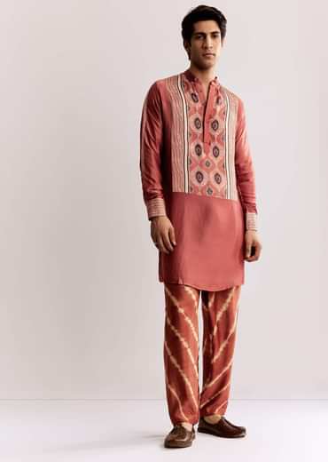 Rust Silk Kurta Set With Handcrafted Ajrakh Print