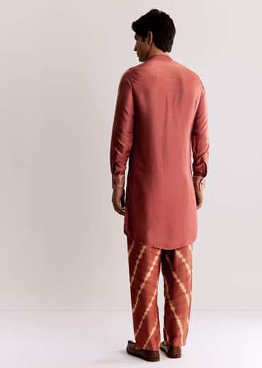 Rust Silk Kurta Set With Handcrafted Ajrakh Print