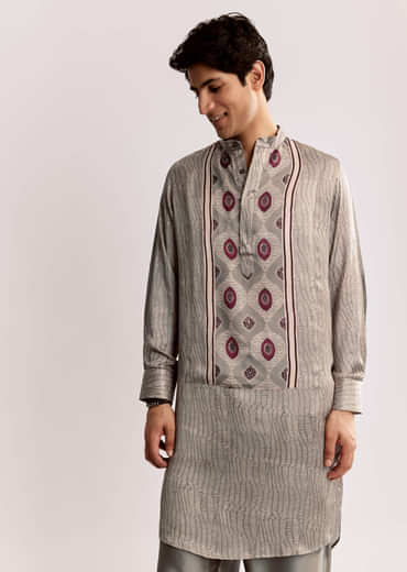 Grey Ajrakh Printed Kurta Set In Silk