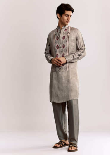 Grey Ajrakh Printed Kurta Set In Silk