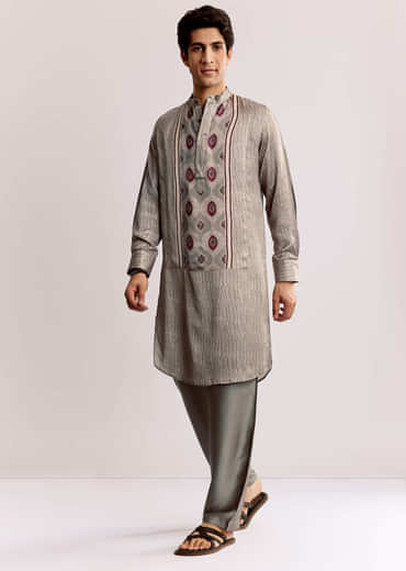 Grey Ajrakh Printed Kurta Set In Silk