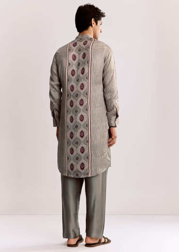 Grey Ajrakh Printed Kurta Set In Silk
