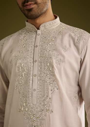 Grey Silk Kurta Set With Mirror And Thread Work