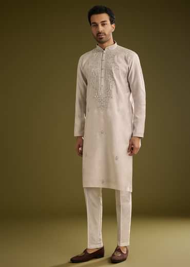 Grey Silk Kurta Set With Mirror And Thread Work