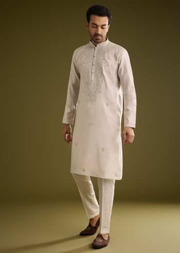 Grey Silk Kurta Set With Mirror And Thread Work