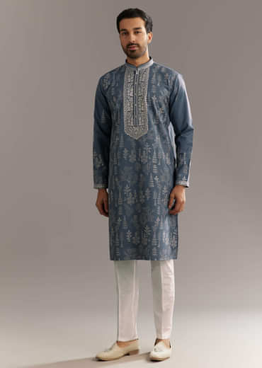 Grey Silk Kurta Set With Thread Work