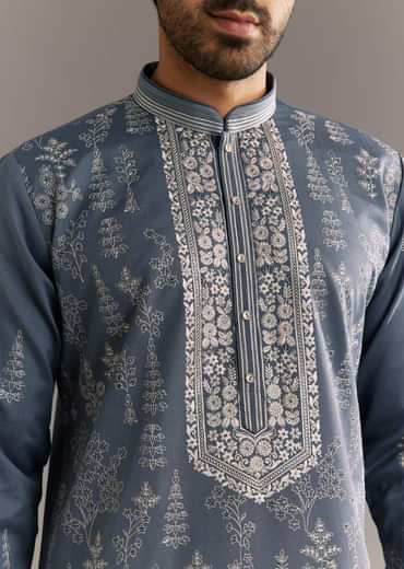 Grey Silk Kurta Set With Thread Work