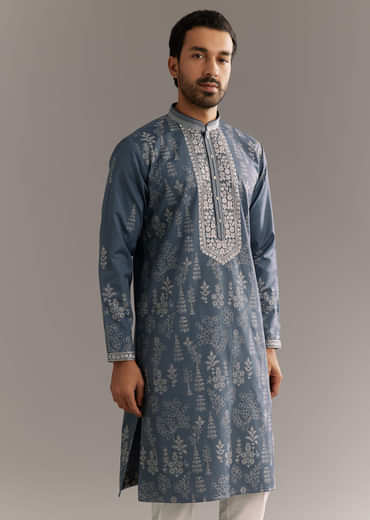Grey Silk Kurta Set With Thread Work