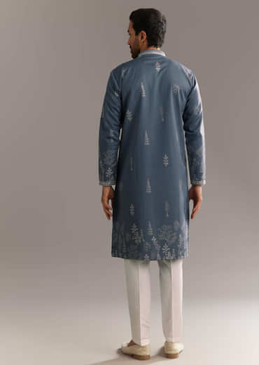 Grey Silk Kurta Set With Thread Work