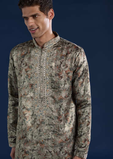 Grey Silk Mirror Work Mens Kurta and Pant Set