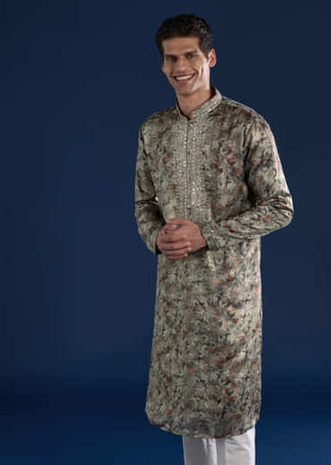 Grey Silk Mirror Work Mens Kurta and Pant Set
