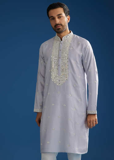 Grey Silk Mirrorwork Kurta Set With Threaded Yoke