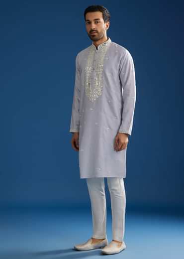 Grey Silk Mirrorwork Kurta Set With Threaded Yoke
