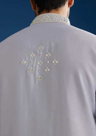 Grey Silk Mirrorwork Kurta Set With Threaded Yoke