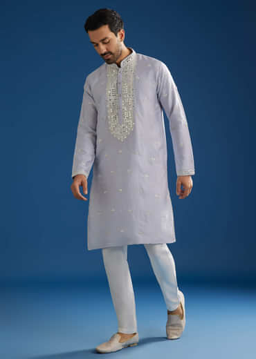 Grey Silk Mirrorwork Kurta Set With Threaded Yoke